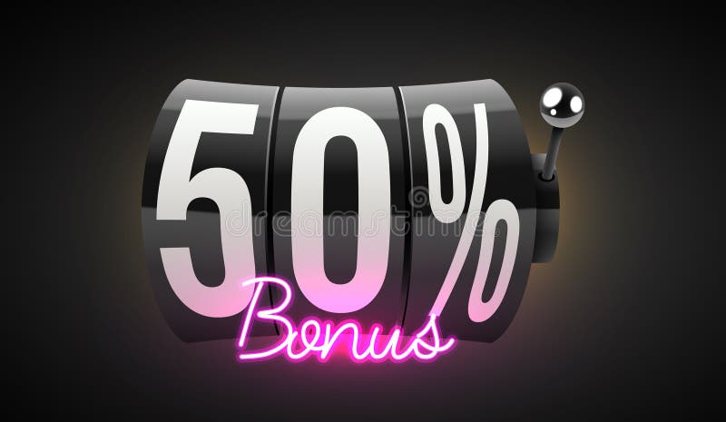 50 percent bonus. Black slot machine wins the jackpot. 777. Big win concept. Casino jackpot. Vector illustration. 50 percent bonus. Black slot machine wins the jackpot. 777. Big win concept. Casino jackpot. Vector illustration