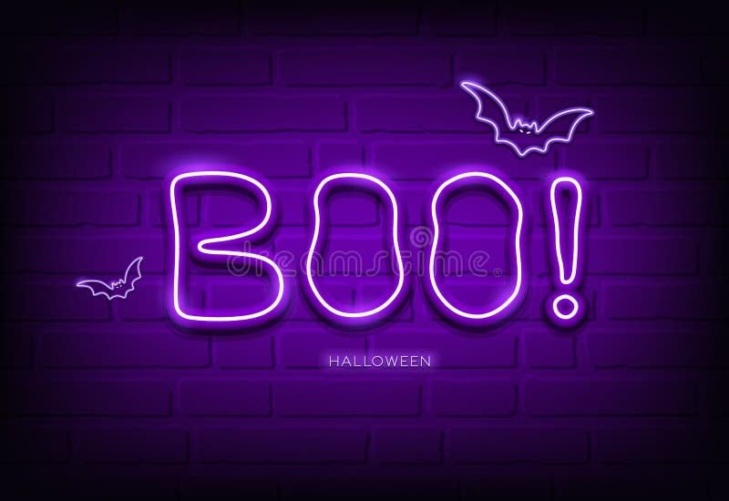 Boo Message and Bat Neon Light Purple, Happy Halloween Concept Design,on  Block Wall Black Background Stock Vector - Illustration of poster, dark:  200193771