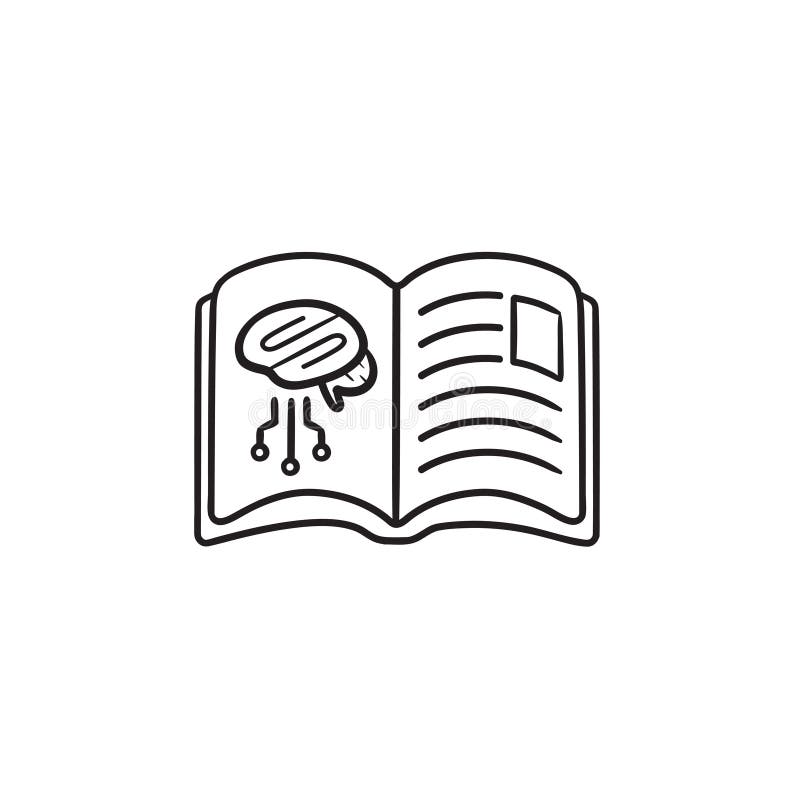 Book with brain neural networks hand drawn outline doodle icon. royalty free illustration