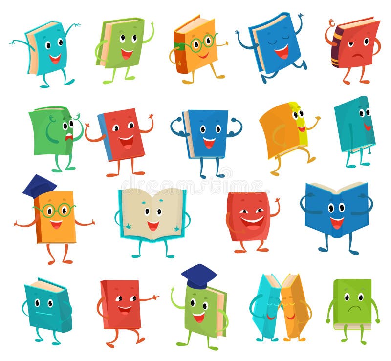 Book character vector cartoon emotion textbook with childish face expression on notebook cover at school illustration