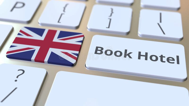 Book hotel text and flag of Great Britain on the buttons on the computer keyboard. Travel related conceptual 3D