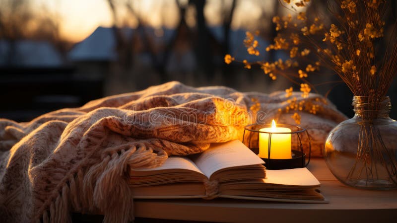 Book lying on a cozy bed with a warm blanket. Generative AI. royalty free illustration