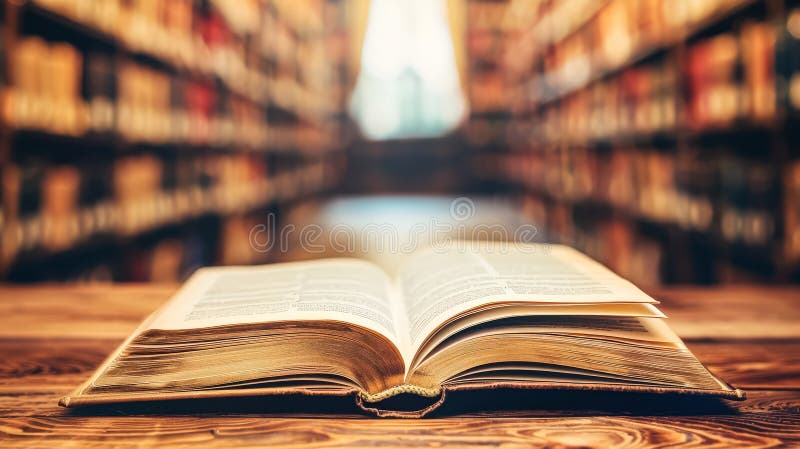 A book is open on a table with a library background stock photos