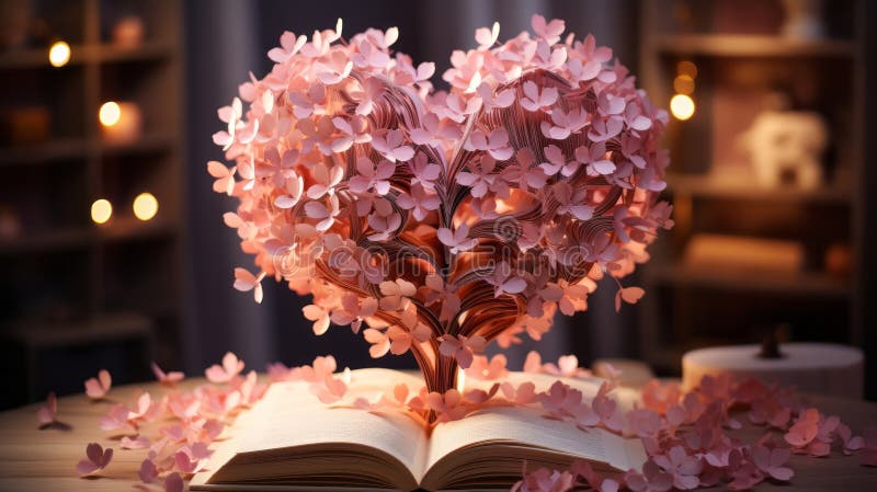 A book with pink paper hearts. Generative AI. royalty free illustration