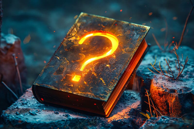 A book with a question mark on it is on a rock. Generative AI stock photography