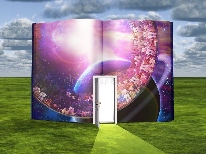Book with Science Fiction Scene and Open Door Stock Illustration