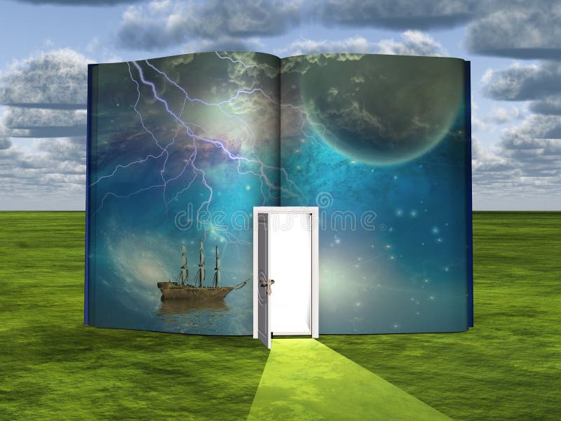 Book with Science Fiction Scene and Open Door Stock Illustration