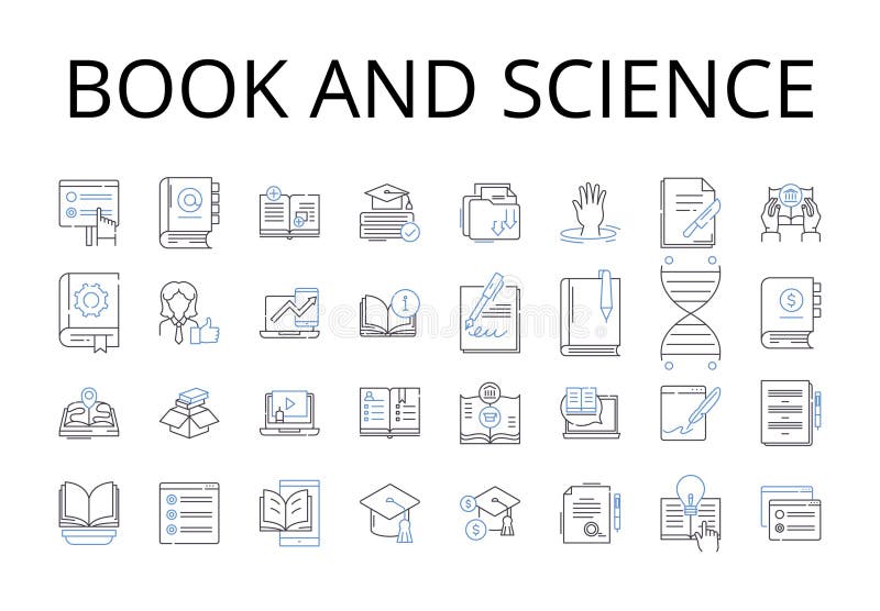 Book and science line icons collection. Volume and research, Manuscript and knowledge, Tome and physics, Publication and royalty free illustration