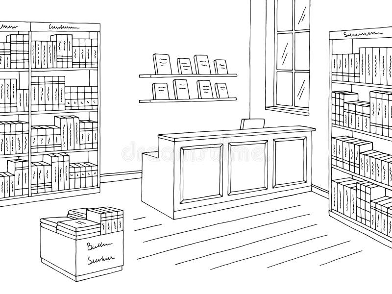 Book Shop Store Interior Graphic Black White Sketch Illustration Vector Stock Vector