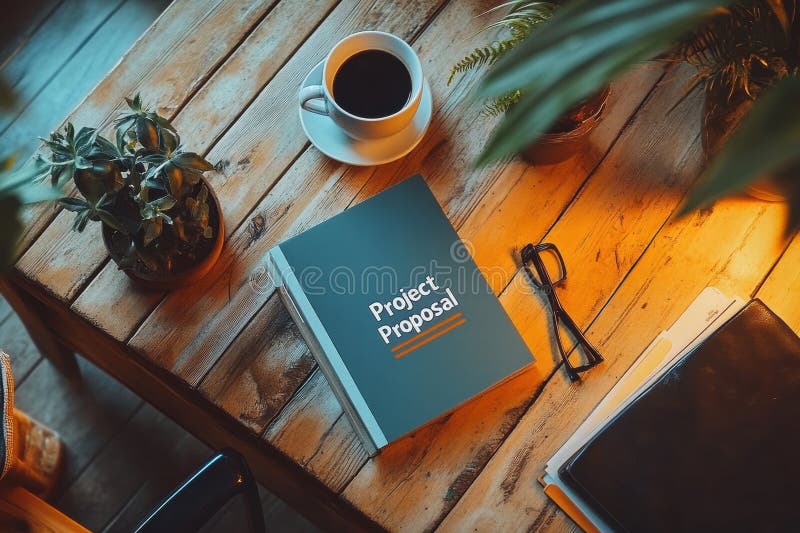 A book titled Project Proposal sits on a wooden table with a cup of coffee next to it. Alphabet project stock images, royalty-free photos and pictures