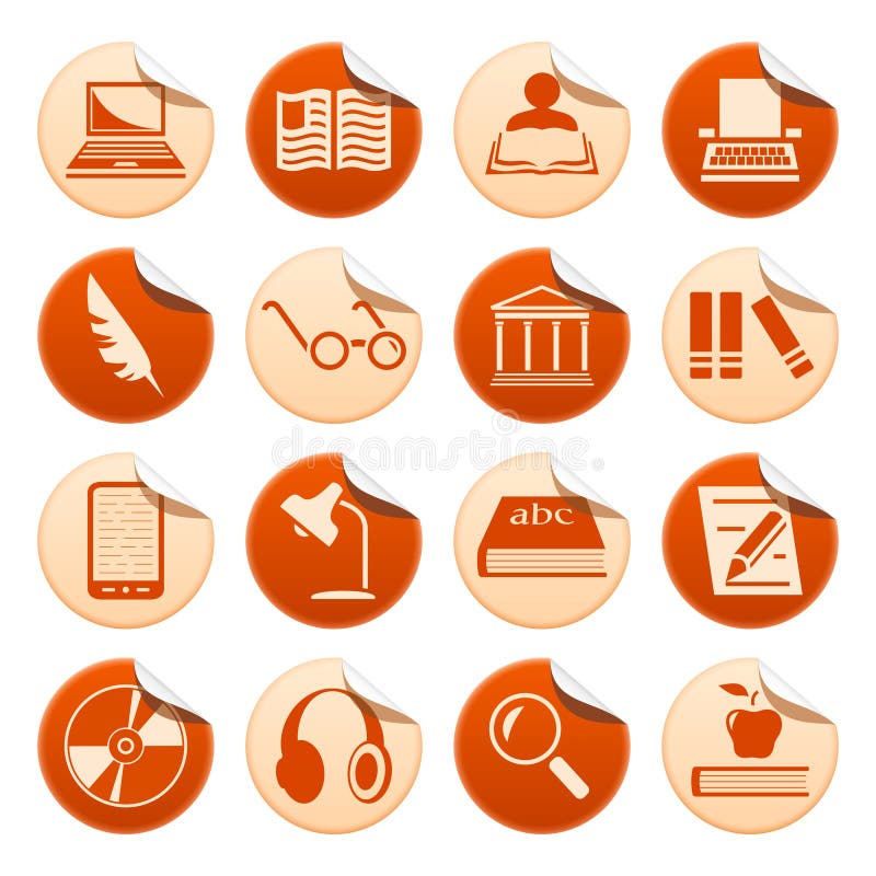 Set of writing and reading stickers. Man reading magazine vectors