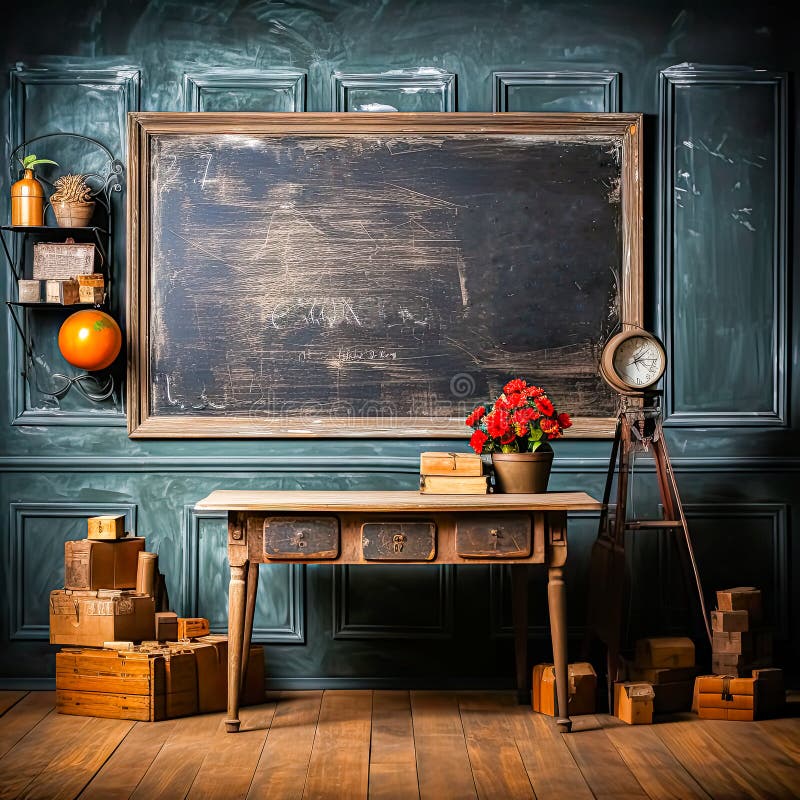A bookcase with an open book in front of a school chalkboard. royalty free stock photos