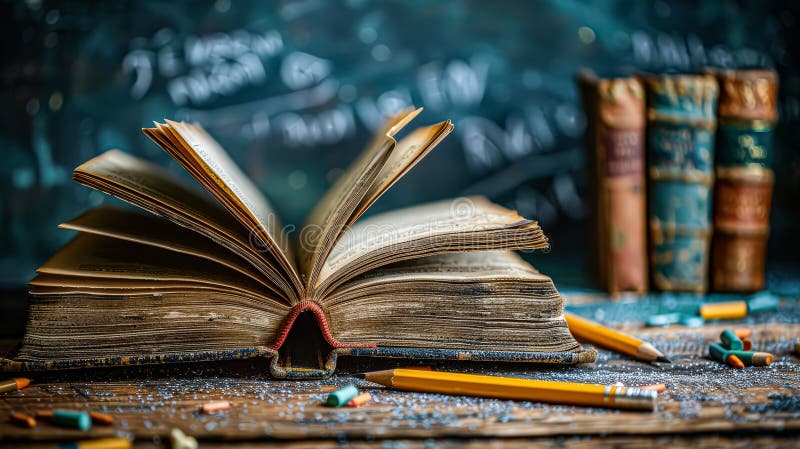 A bookcase with an open book in front of a school chalkboard. stock image