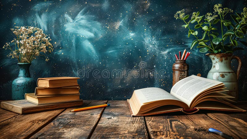 A bookcase with an open book in front of a school chalkboard. royalty free stock photo