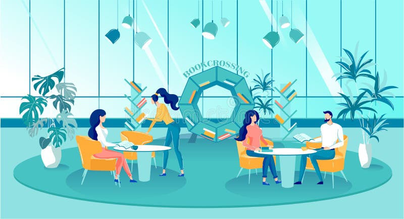 Bookcrossing in Spacious Modern Library, Cartoon. vector illustration Bookcrossing in Spacious Modern Library, Cartoon. vector illustration