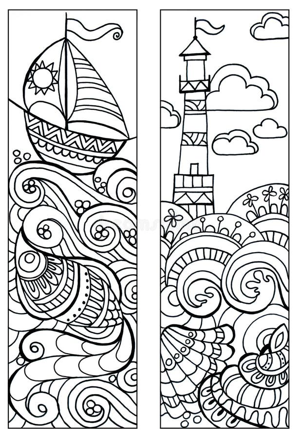 https://thumbs.dreamstime.com/b/bookmark-book-coloring-sea-lighthouse-boat-waves-doodle-patterns-set-black-white-labels-sketch-ornaments-creativity-202476276.jpg