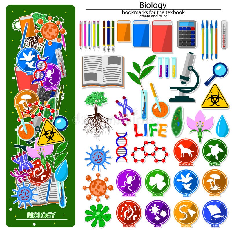 Bookmark Creation Kit on the Biology School Theme. Stock Vector