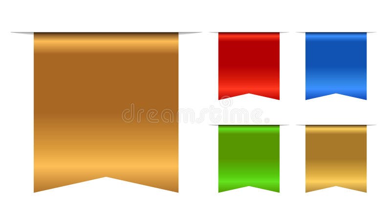 Bookmarks banner 3D set. Gold, red, blue, green book mark, isolated on white background. Color golden tag. Flag symbol stock illustration