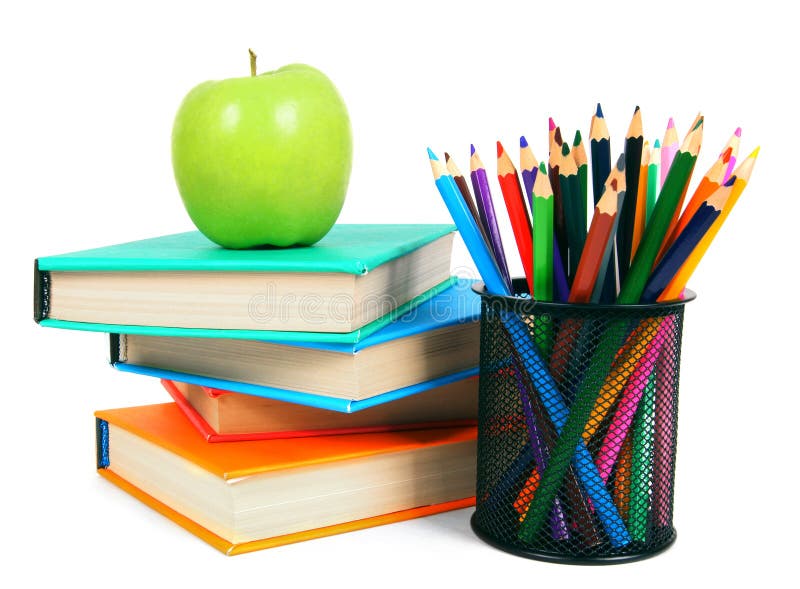 Books, an Apple and Pencils. on White Background. Stock Image Image of college, basket 43926961