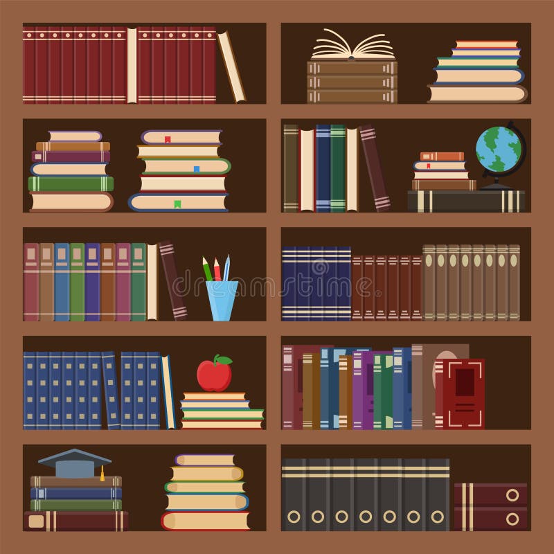 Books in bookcase seamless pattern. School book, science literature textbook, dictionary and magazines stack at university old library bookshelf. College textbooks or bookshop retro vector background