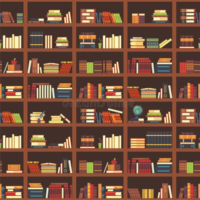 Books in bookcase seamless pattern. School book, science literature textbook, dictionary and magazines stack at university old library bookshelf. College textbooks or bookshop retro vector background. Books in bookcase seamless pattern. School book, science literature textbook, dictionary and magazines stack at university old library bookshelf. College textbooks or bookshop retro vector background