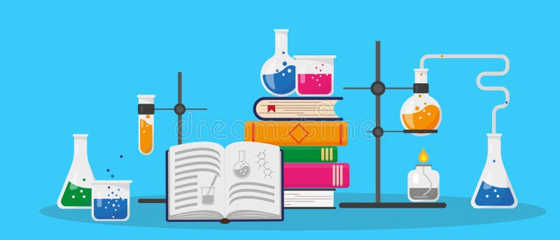 Books, chemistry research lab and science equipment. Education and chemistry concept. Vector illustration