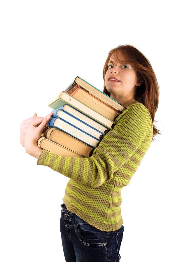 A woman carrying a pile of heavy books. White background. A woman carrying a pile of heavy books. White background