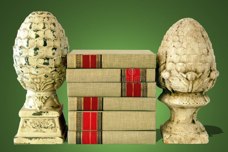 Books with Finials on Green Background