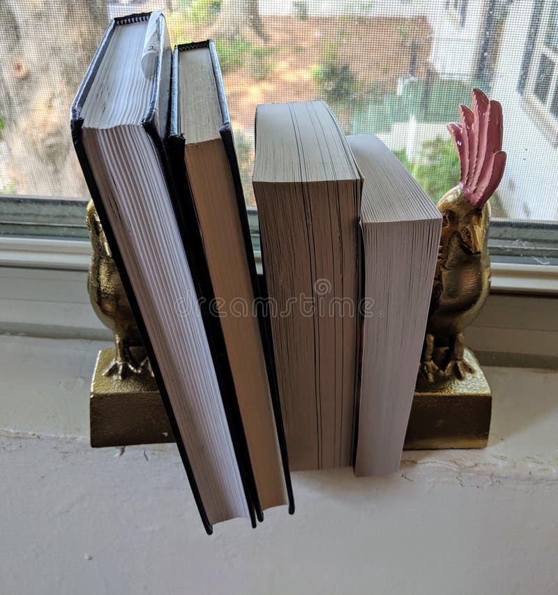 Books with golden bird bookends