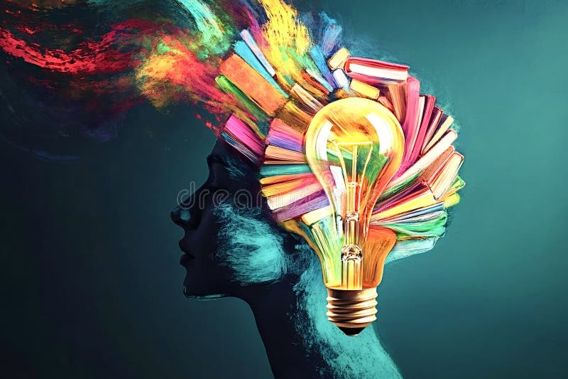 Books and lightbulb forming a colorful and creative mind stock photos