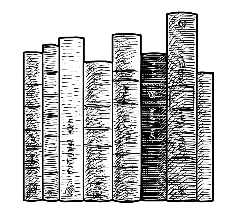 Books in a row illustration, drawing, engraving, ink, line art, vector stoc...