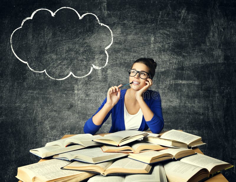 Books and Thinking Woman, Student Girl Reading Studying Book, Bubble on Blackboard. Books and Thinking Woman, Student Girl Reading Studying Book, Bubble Idea on royalty free stock images Books and Thinking Woman, Student Girl Reading Studying Book, Bubble on Blackboard. Books and Thinking Woman, Student Girl Reading Studying Book, Bubble Idea on royalty free stock images