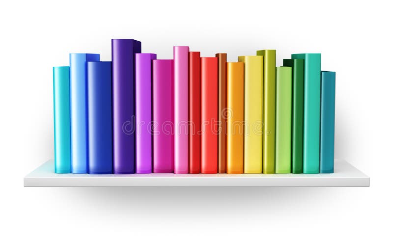 Creative abstract science, knowledge, education, back to school, business and corporate office life concept: bookshelf with rainbow color hardcover books isolated on white background. Creative abstract science, knowledge, education, back to school, business and corporate office life concept: bookshelf with rainbow color hardcover books isolated on white background