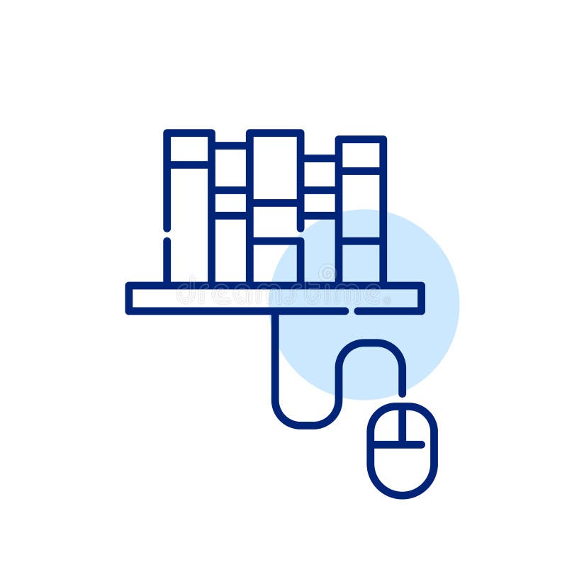 Bookshelf with computer mouse connected. Electronic library and book exchanging community. Pixel perfect icon royalty free illustration Bookshelf with computer mouse connected. Electronic library and book exchanging community. Pixel perfect icon royalty free illustration