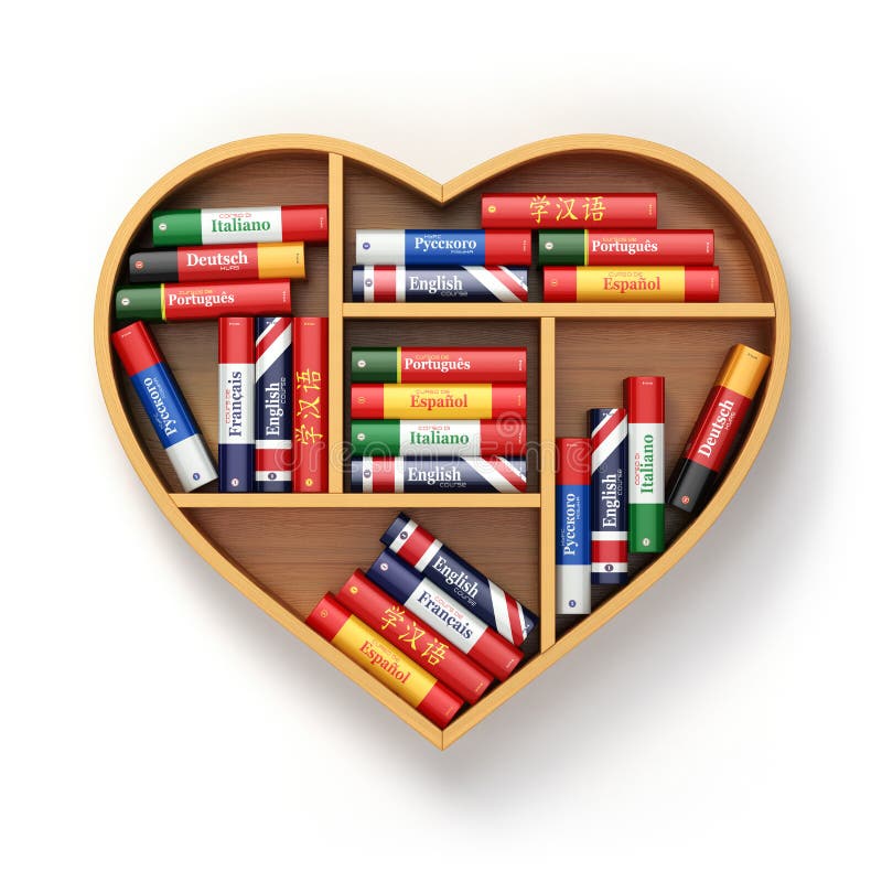 Bookshelf with ictionaries in form of heart. Learning language c royalty free illustration Bookshelf with ictionaries in form of heart. Learning language c royalty free illustration