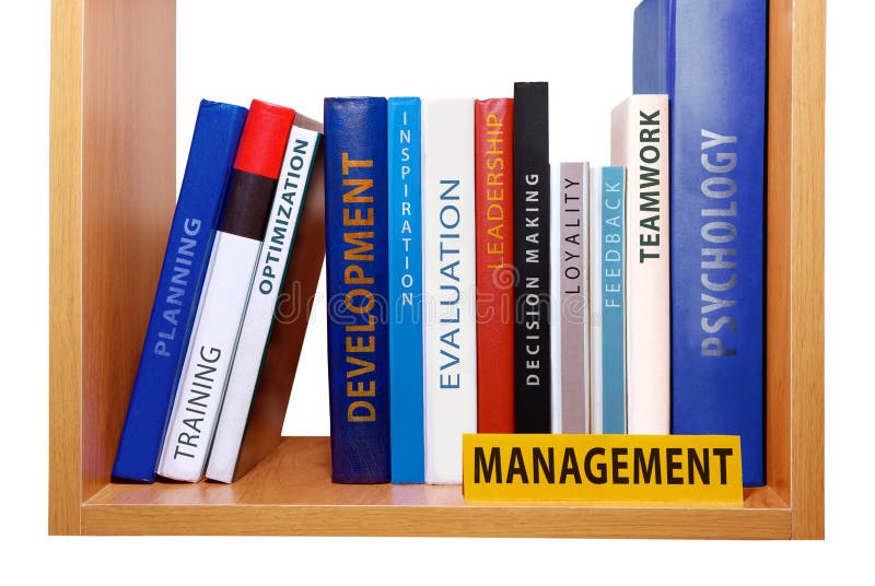Bookshelf with management knowledge and skills.