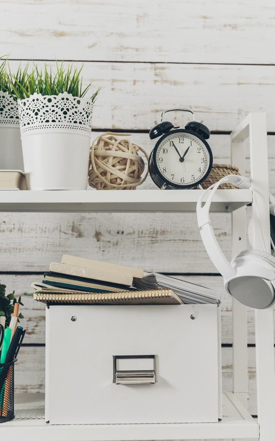 Bookshelf with Office Supplies Stock Photo Image of antique