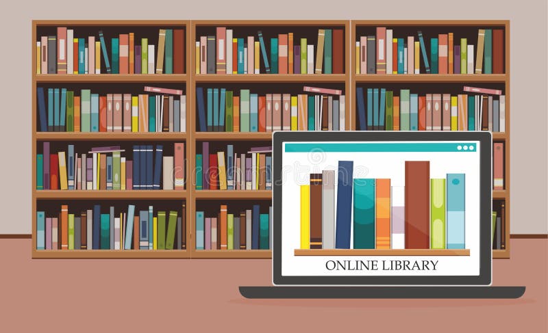 Bookshelve con i libri sullo schermo di computer al fondo dello scaffale per libri, concetto online di istruzione delle bibliotec