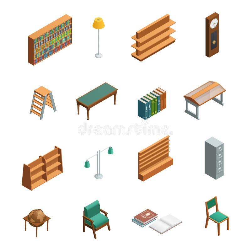 Bookstore Library Isometric Interior Elements vector illustration Bookstore Library Isometric Interior Elements vector illustration