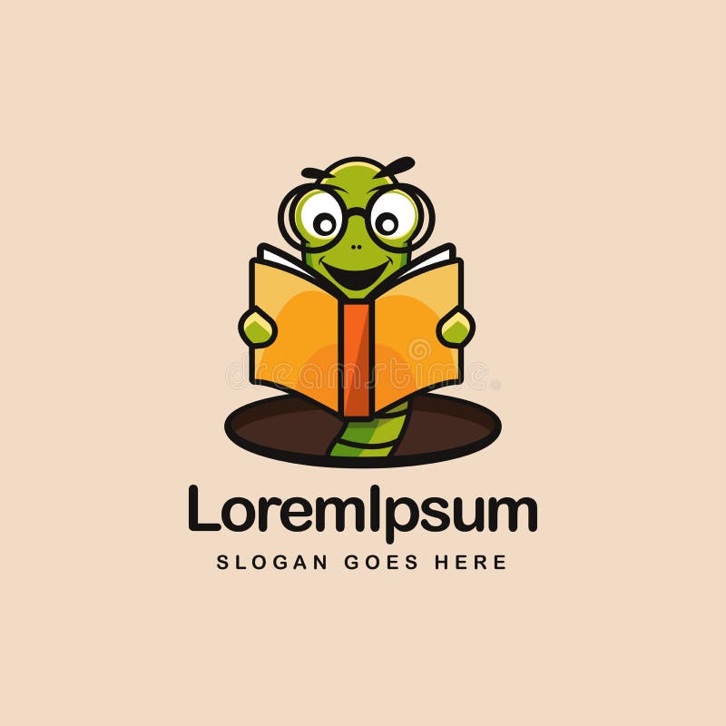 Bookworm Logo Mascot, Worm Reading a Book Logo Vector Illustration