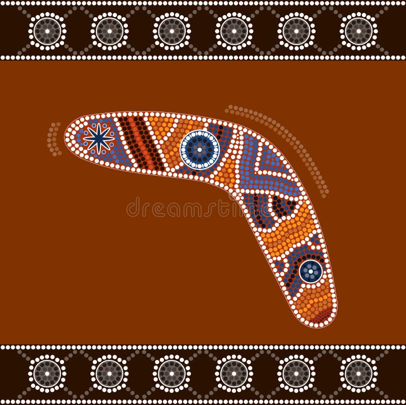 A illustration based on aboriginal style of dot painting depicting boomerang. Australian aboriginal border vectors