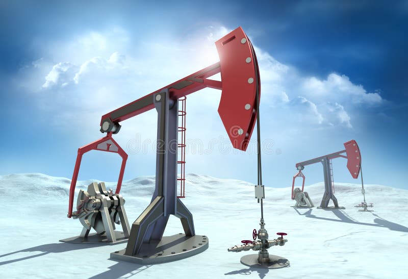 Oil Rig : Pump jacks in the north 3D render,. Oil Rig : Pump jacks in the north 3D render,