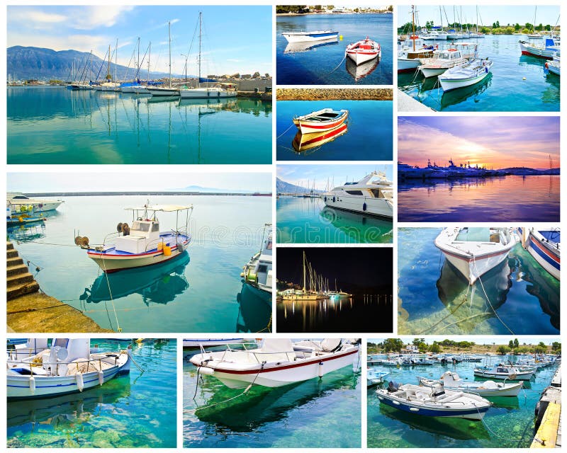 Bootsreflexionscollage - griechische Sommerfotos stockfoto Bootsreflexionscollage - griechische Sommerfotos stockfoto