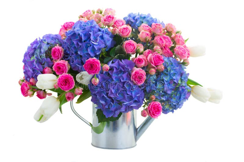 Boquet de los tulipanes blancos, de las rosas rosadas y del hortensia azul florece imagen de archivo