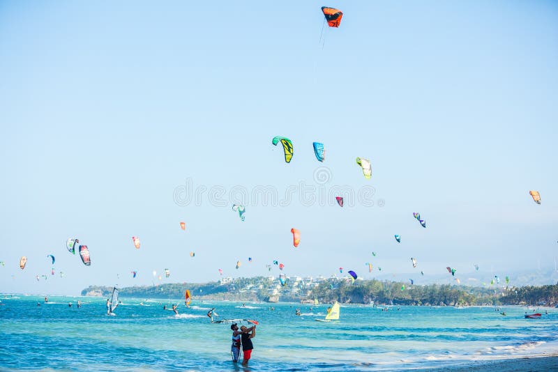 Boracay island, Philippines - JAN 25: kitesurfers enjoying wind power on Bulabog beach. In