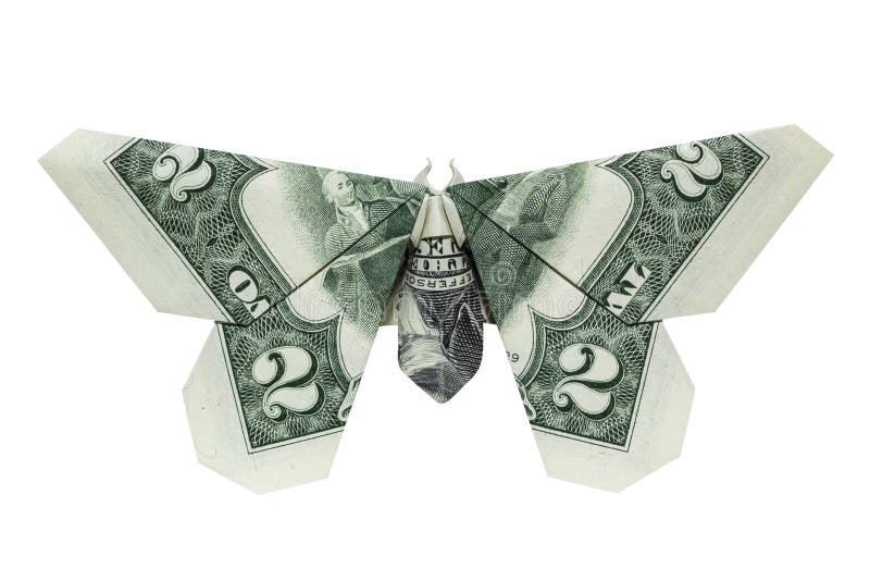 Borboleta verde origami de dinheiro dobrada com uma conta de 2 dólares de verdade isolada em fundo branco