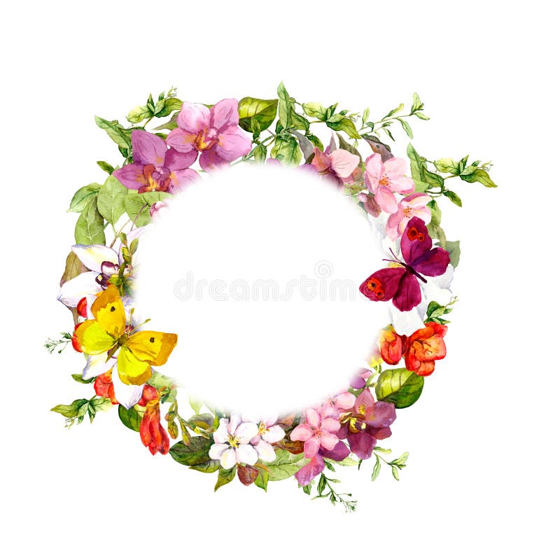 Borboletas em flores do prado Grinalda floral redonda watercolor