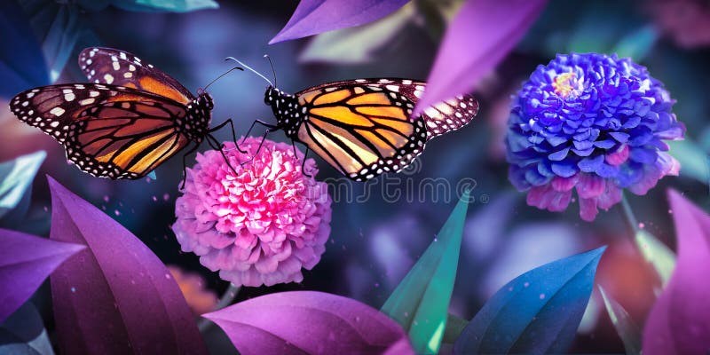 Monarch butterflies on pink and blue flowers in a fairy garden. Autumn background. Wonderland garden. Monarch butterflies on pink and blue flowers in a fairy garden. Autumn background. Wonderland garden