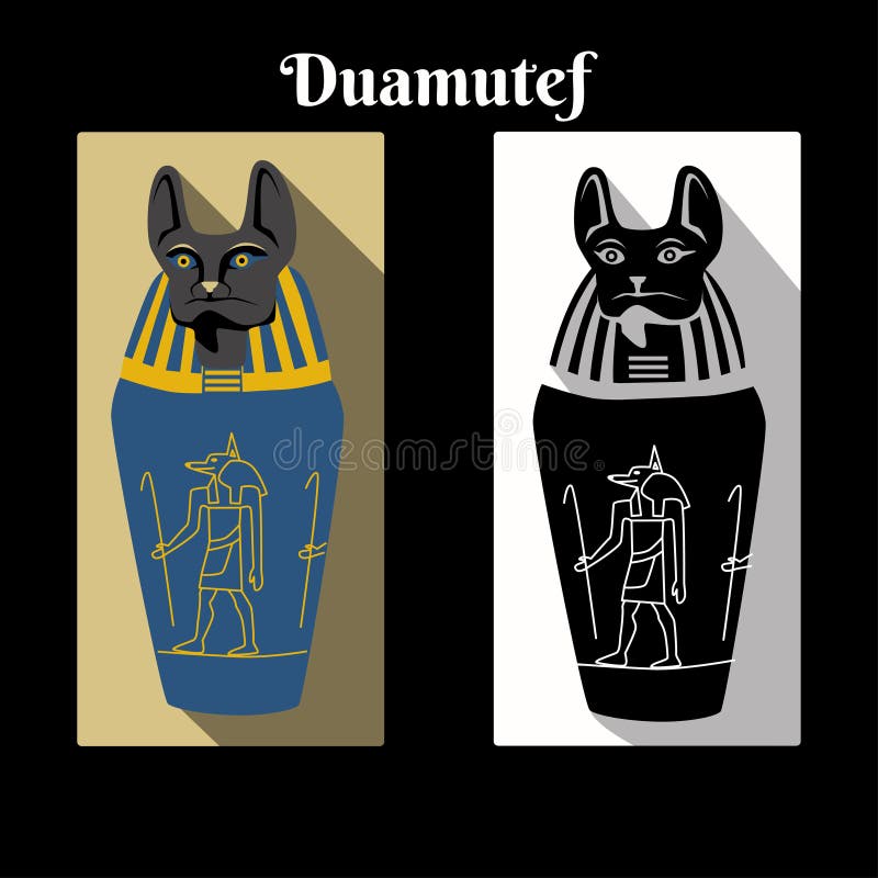 Borcan canopic din Egiptul anantic cu Dumnezeu Horus Son Duamutef cap cap și nume script. culoarea borcanului sacru al zeilor și c royalty free illustration