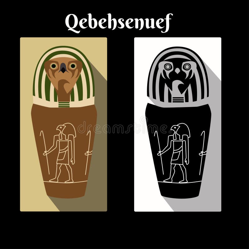 Borcan canopic din Egiptul anantic cu Dumnezeu Horus Son Qebeksenuef cap și script nume. culoarea borcanului Șoimului zeilor și ca stock illustration